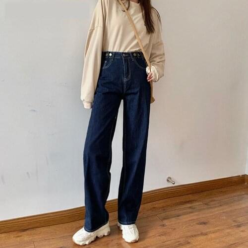 Female Pants Autumn Winter Trousers Casual Straight Button Zipper High Waist Vintage Korean Clothing Dark Blue 2021 New Fashion