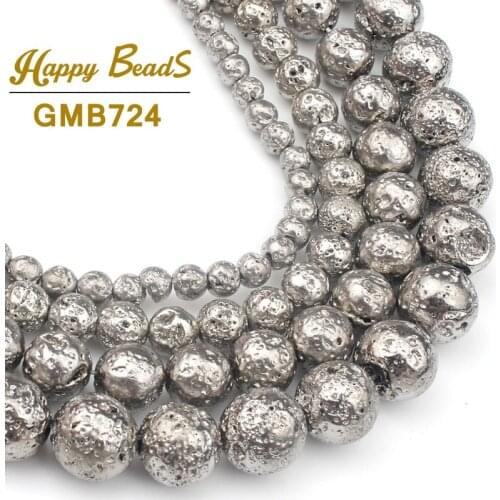 Slivery Plated Lava Stone Rock Volcanic Bead Round Loose Spacer Beads For Jewelry Making Natural Stone Diy Charm Bracelet 4-10mm