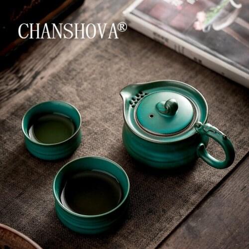 CHANSHOVA 40-130ml Chinese retro green 3-piece set Ceramic gold glaze teapot teacup set tea bowl China Handmade tea set H594