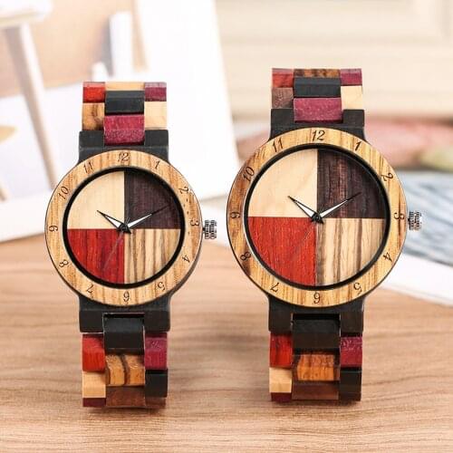 Couple Wooden Watches Men Women Mixed Color Stitching Cross Wood Quartz Watch Adjustable Band Lovers Wrist Watch Unique Gifts