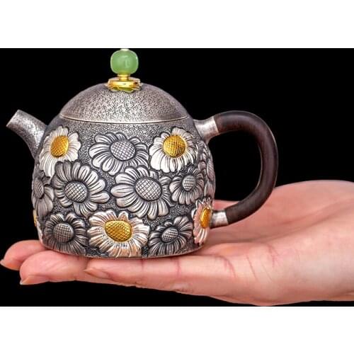 Ag999 Sterling Silver Teapot Qin Quan Hand-Carving Chrysanthemum Kitchen Utensils Built-in Filter Handmade Coffee Tea Pot