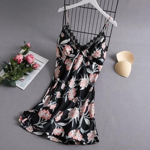 Black Nightgown Sexy Rayon Sleepdress Print V-Neck Short Slip Dress Satin Nightdress Sleepwear Summer Home Dressing Gown