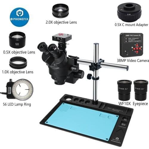 Black 3.5X-90X Simul-focal Trinocular Stereo Zoom Big Table Stand Microscope WF10X 0.5X 2.0X 1.0X Objective Lens CTV Adapter