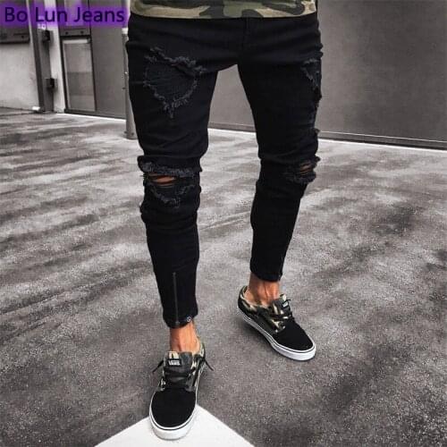 Mens Cool Designer Brand Ripped Tight Jeans Mens Sexy Casual Hole Destroyed Slim Fit Pants Hip Hop Elastic Ankle Zipper Jeans