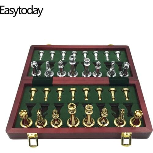Easytoday Metal Glossy Golden And Silver Chess Pieces Solid Wooden Folding Chess Board High Grade Professional Chess Games Set
