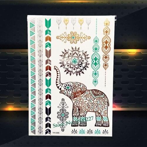 Hot Gold Silver Henna Temporary Tattoo Sticker PYH95 Thailand Elephant Ganesha Indian Chain Bracelet Design Flash Tattoo Jewelry