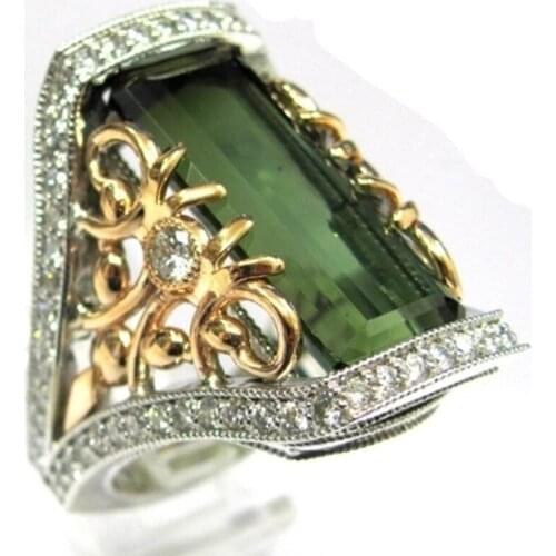 Retro Rectangular Green Crystal Zircon Ring Female Vintage Rhinestone Double Color Engagement Ring Womens Fashion Jewelry