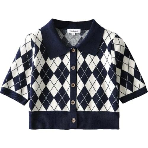 Korean fashion cardigan women knitted sweater vintage Fall 2021 womens fashion argyle sweater cute casual cardigan short sleeve