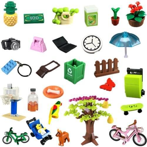 MOC Bricks Tree Flower Camera Milk Trash Bag Butterfly Bike City Accessories View DIY Educational Building Blocks family gifts