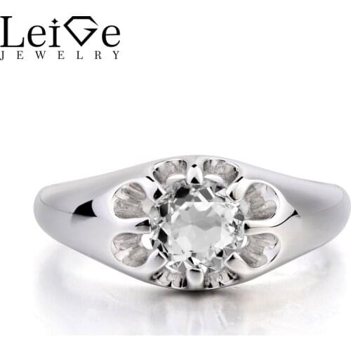 Leige Jewelry Wedding Ring Natural White Topaz Ring Round Cut Gemstone Solitaire Ring November Birthstone 925 Sterling Silver