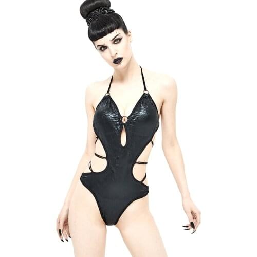 Summer Punk Sexy Hanging Neck Womens Bra Black Swimsuit Stitching Straps One-piece Womens Travel Slim Swimsuit