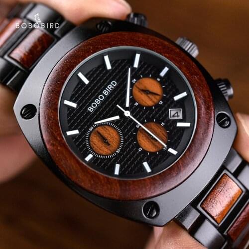 Fashion Wood Watch BOBO BIRD Mens Wristwatch Chronograph Auto Date Red Sandalwood relogio masculino Christmas Gift with Box
