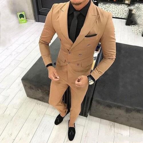Fashionable Double Breasted Light Brown Groom Tuxedos Peak Lapel Groomsmen Men Blazers Suits (Jacket+Pants+Tie) NO:371