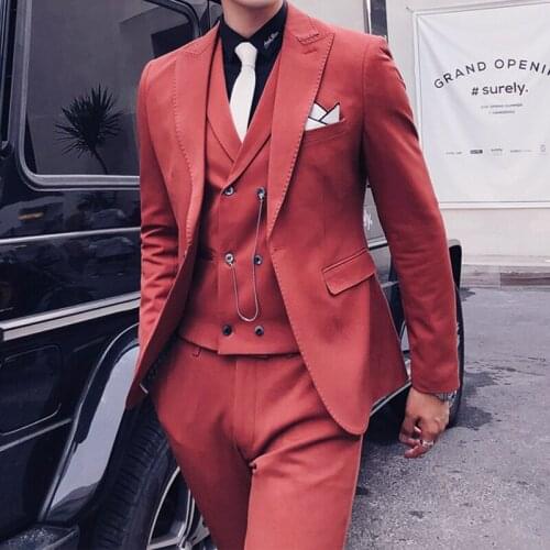 Men Suit Wedding Tuxedo Groom Fashion Single Breasted Jacket Vest PantsSolid Color Casual Business 3 Piece Set Slim Fit Men Suit