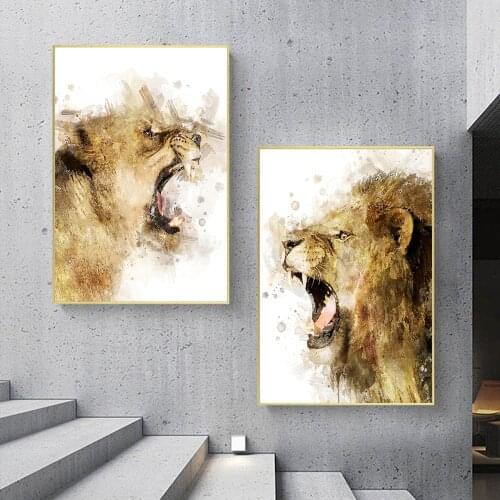 Nordic Watercolour Roaring African Lions And Lioness Canvas Wall Art Prints Animal Poster Paintings For Home Decor Living Room