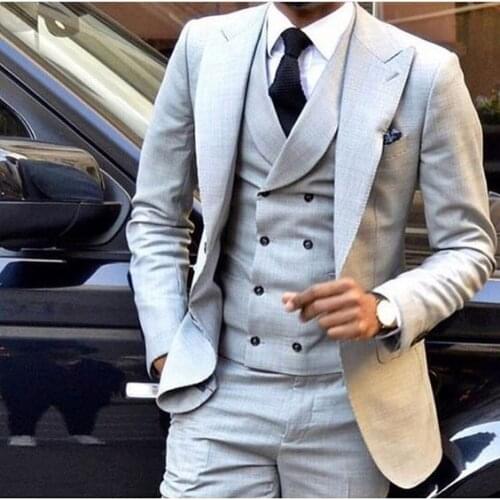 Latest Coat Pant Designs Light Grey Men Suit Double Breasted Slim Fit Skinny 3 Piece Tuxedo Groom Custom Blazer Terno Masculino