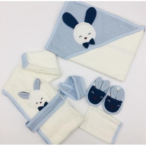 New Season Baby Bathrobe Set 4 Piece Tavşanlı Baby Bathrobe Set Blue Soft Cotton Baby Robe baby Sleepwear Casual robe