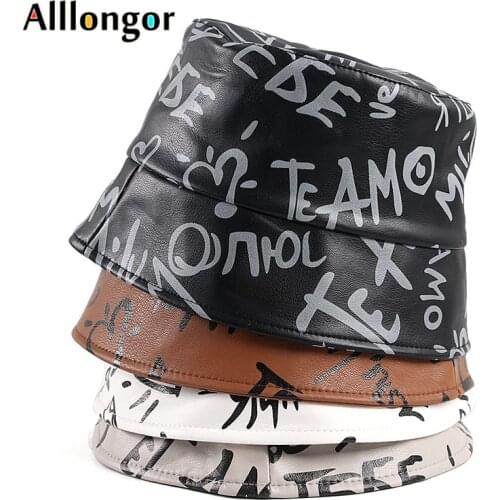 Fashion Leather Bucket Hat 2021 Autumn Graffiti Letter Print Bob Femme Fisherman Hats Balck