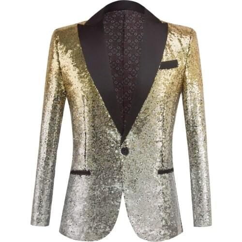 Silvery and Glden Sequin Shawl Collar Tuxedo Suit Blazer Men Wedding Groom Singer Prom Glitter Suit Jacket DJ Club Stage Blaze