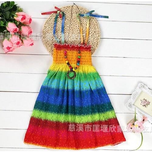 Girl Beach Floral Princess Dresses 2019 Summer Sling Rainbow Print With Necklace Teenage Childrens Party Costumes Kids Clothing