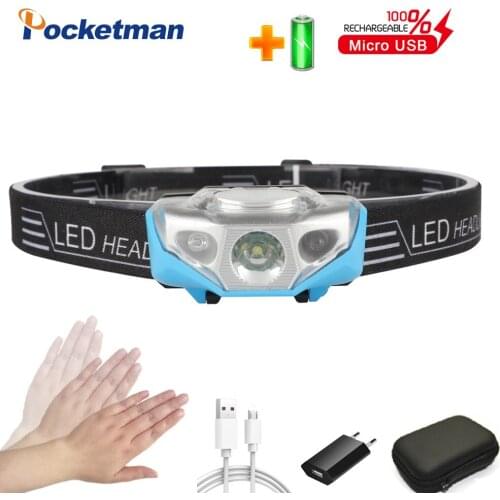 Portable mini headlight 50000lm sensor headlamp light USB charging head lamp lantern for fishing night running with battery