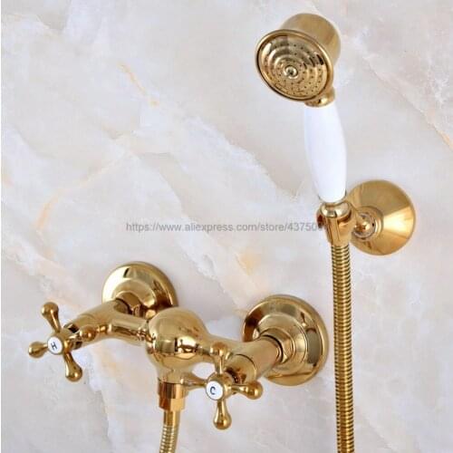 Luxury Gold Color Brass Wall Mounted Bathroom Faucet With Hand Shower Head Shower Faucet Sets Nna975