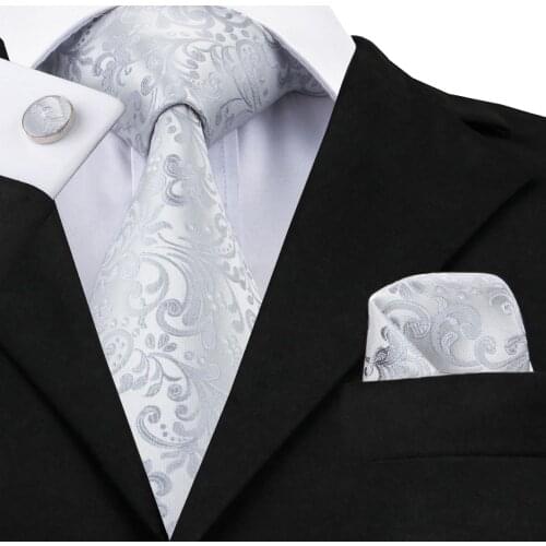 SN-1169 Gray Floral Tie Hanky Cufflinks Sets Mens 100% Silk Ties for men Formal Wedding Party Groom