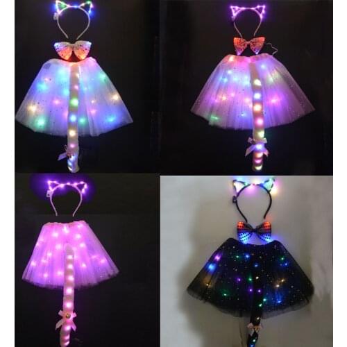 Girl Light Cat Animal Ear Headband Fox Tail Tie Bow Tutu Skirt Clothing Anime Cosplay Glow Easter Wedding Birthday Party Gift