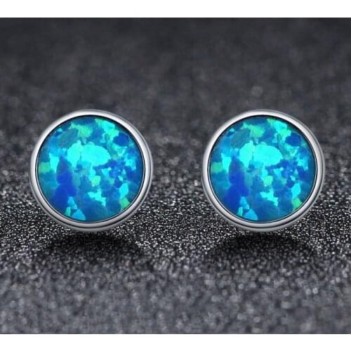 Vintage Female Blue Opal Small Earrings Classic Silver Color Stud Earrings For Women Dainty Bride Round Wedding Earrings