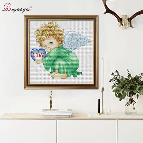 RUYISHIJIA Embroidery,Paintings,Needlework,Cross stitch kits,Green love angel,DIY Cross-stitch,thread embroidery