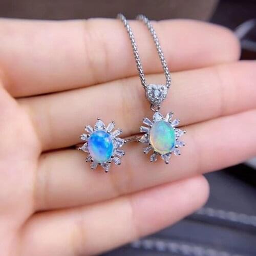Anniversary Best Gift Opal Jewelry set Natural And Real 925 sterling silver Fine jewelry 1pc Opal ring,1pc Opal Pendant