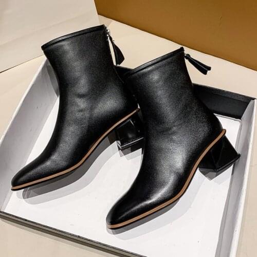 2021 New Shoes Women Ankle Boots Square Toe Chunky High Heels Fashion Back Zip Chelsea Boots Women Elegant Comfort Heels Shoes