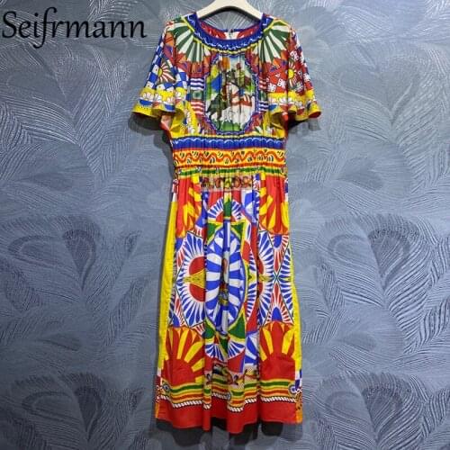 Seifrmann New 2021 Summer Women Fashion Runway Party Long Dress Half Sleeve Elastic Waist Vintage Printed Ladies Cotton Dresses