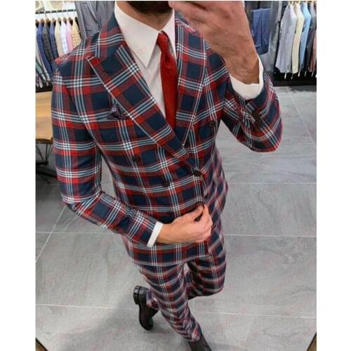2020 Men Suit British Double Breasted Mens Suits 2 Pieces Slim Fit Tailored Plaid Party Groom Wedding Tuxedo Blazer with Pants