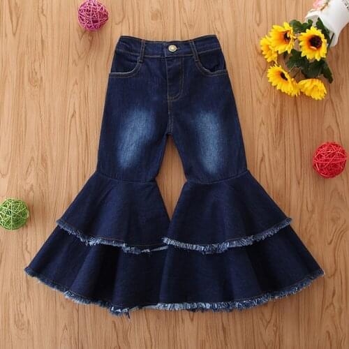 2021New Hot Sale Baby Child High Waist Jeans Girls Jeans Oversize Fashion Girls Ruffle Denim Wide Leg Flare Trousers 2-8Y Wear