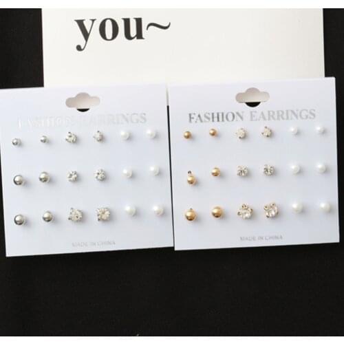 9 Pair / Lot Fashion Small Metal stud Earrings Set Women girl Simulated Pearl and Crystal Copper Ear Studs Jewelry