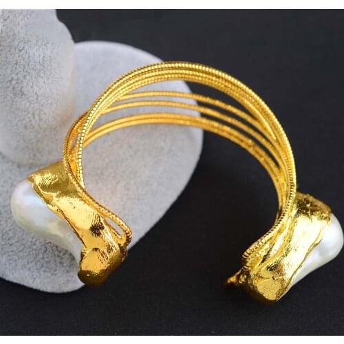Cultured White Keshi Pearl Bangle 24 K Golden Plated Bracelet