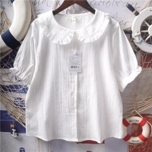 Lolita Style Blouse Japanese Cute Sweet Ruffles Shirt Long Sleeve Peter pan Collar Lace Trim Single Breasted Blouse Shirts Tops