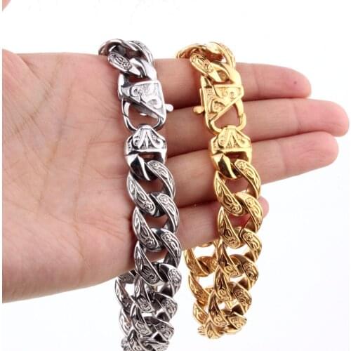 Cool Biker Men Bangle 15mm Solid Stainless Steel Casting Flower Cuban Curb Link Chain Bracelet Jewelry Gold Or Silver Color 9"