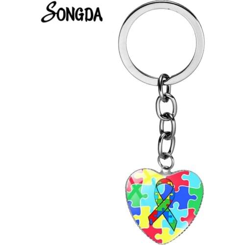 Color Jigsaw Puzzle Piece Ribbon Keyring Cartoon Photo Glass Crystal Heart Abstract Chaveiro Autism Awareness Family Gift