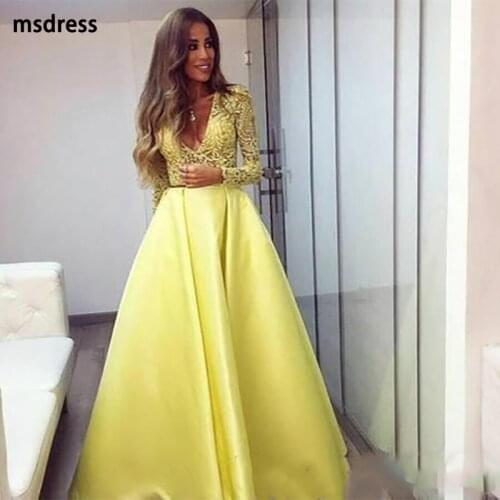 Elegant Yellow Dubai Abaya Long Sleeves Evening Gowns V neck Lace Dresses Evening Wear Prom Party Dresses