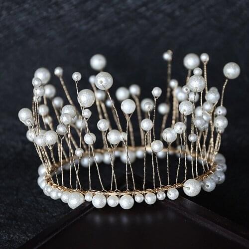 H:HYDE Exquisite Bridal Pearl Crown Tiaras Headband Cake Decoration Seagrass Pearls Baked Round Headdress Wedding Jewelry