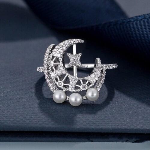 High Quality Moon Pearl Ring Cubic Zirconia Ring For Women Silver Color Ring Females Jewelry Accessories Wholesale Zk45