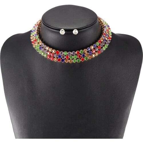 Fashion Jewelry Sets Elegant Lady 5 Colors Three Layers Rhinestone Women Choker Necklace on The Neck for Wedding Party Gift