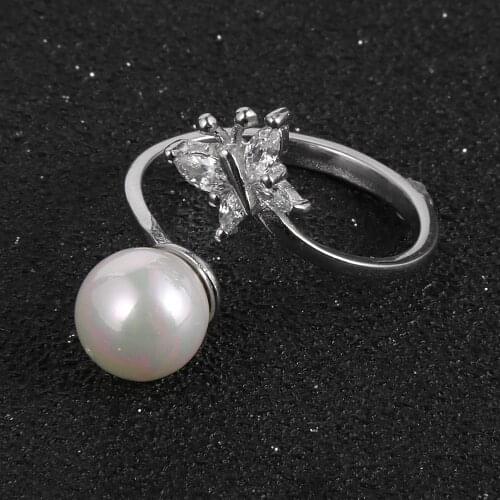 Cute Rhinestone Butterfly Pearls Silver Plated Adjustable Rings For Women Girls Wedding Party Valentines Day Gift Jewelry #130