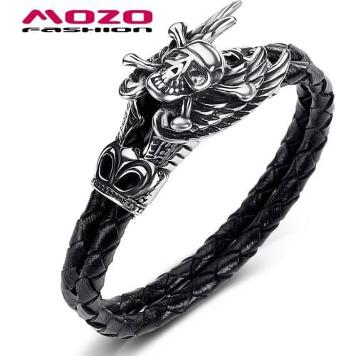 MOZO Fashion Men Bracelest Black Double Layer Leather Stainless Steel Punk TheDevil and The Angel Charm Jewelry PS1023