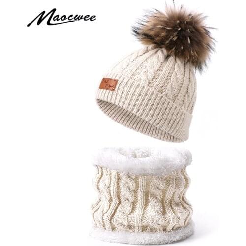 Hat Scarf Set With Real Fur Pompon Winter Children Solid Color Knitted Warm Beanies Outdoor Bonnet Hats Ring Scarf 2 Pieces Set