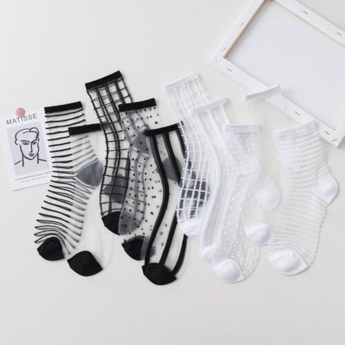 5 Pairs Ultra-thin Glass Socks Womens Silk Cotton Solid Color Black White Pretty Socks Ins Transparent Casual Trendy Female Sox