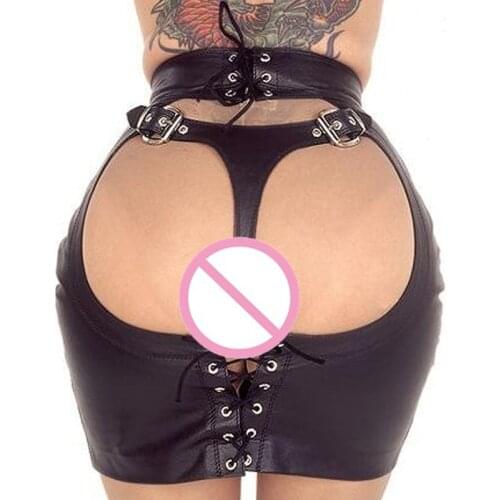 New Sexy Punk Abjustable Bandage Pole Dance Panties Faux Leather Skirt Laced Back Spanking Gay Wear Erotic lingerie FX1036