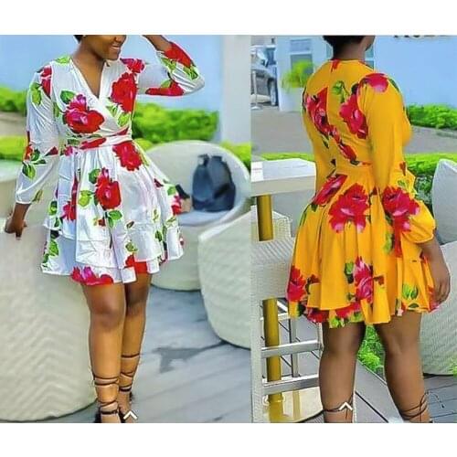 Sexy Summer New Arrival African Women V-neck Long Sleeve Printing Mini Dress African Dresses for Women African Clothing